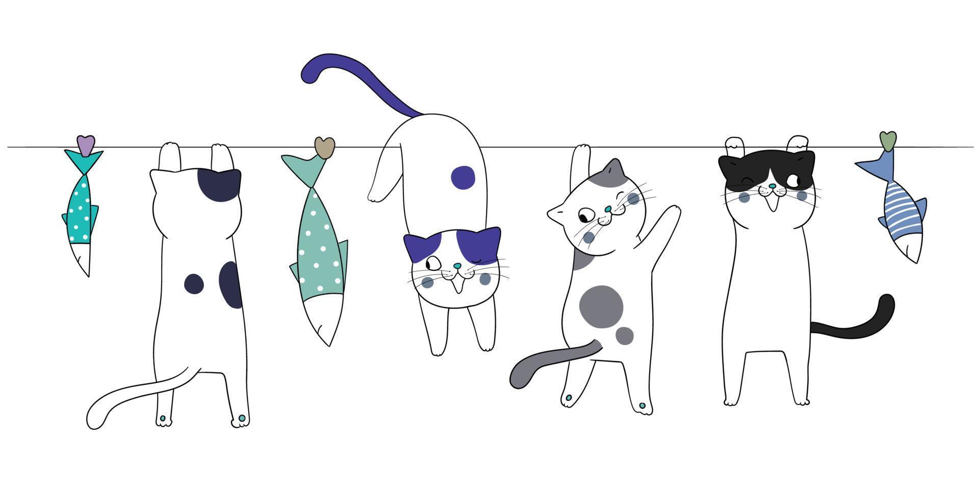 los gatos están colgando de una cuerda. pescado en una cuerda. conjunto de dibujos animados de gatos animales lindos vector