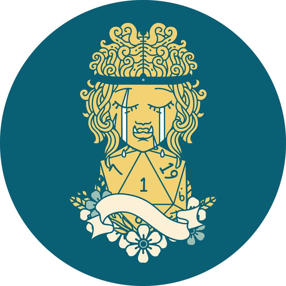 crying orc barbarian character face with natural one roll icon vector