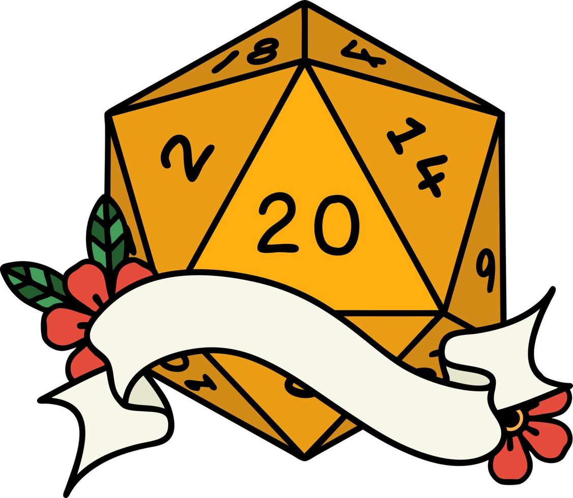 Retro Tattoo Style natural twenty D20 dice roll vector