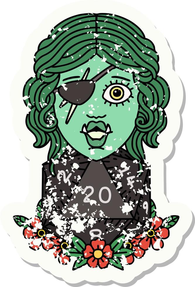 medio orco pícaro con natural 20 dados rollo pegatina grunge vector