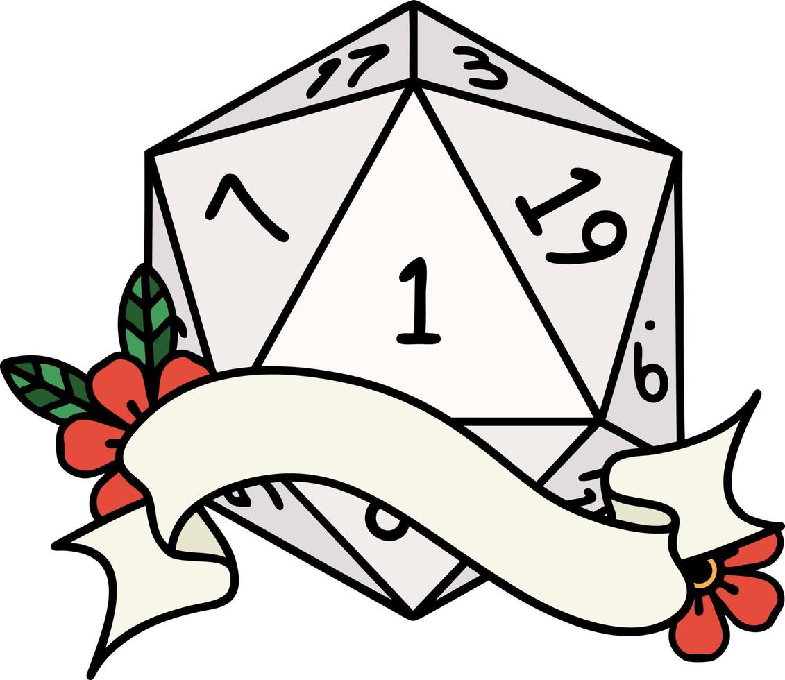 natural one d20 dice roll illustration vector