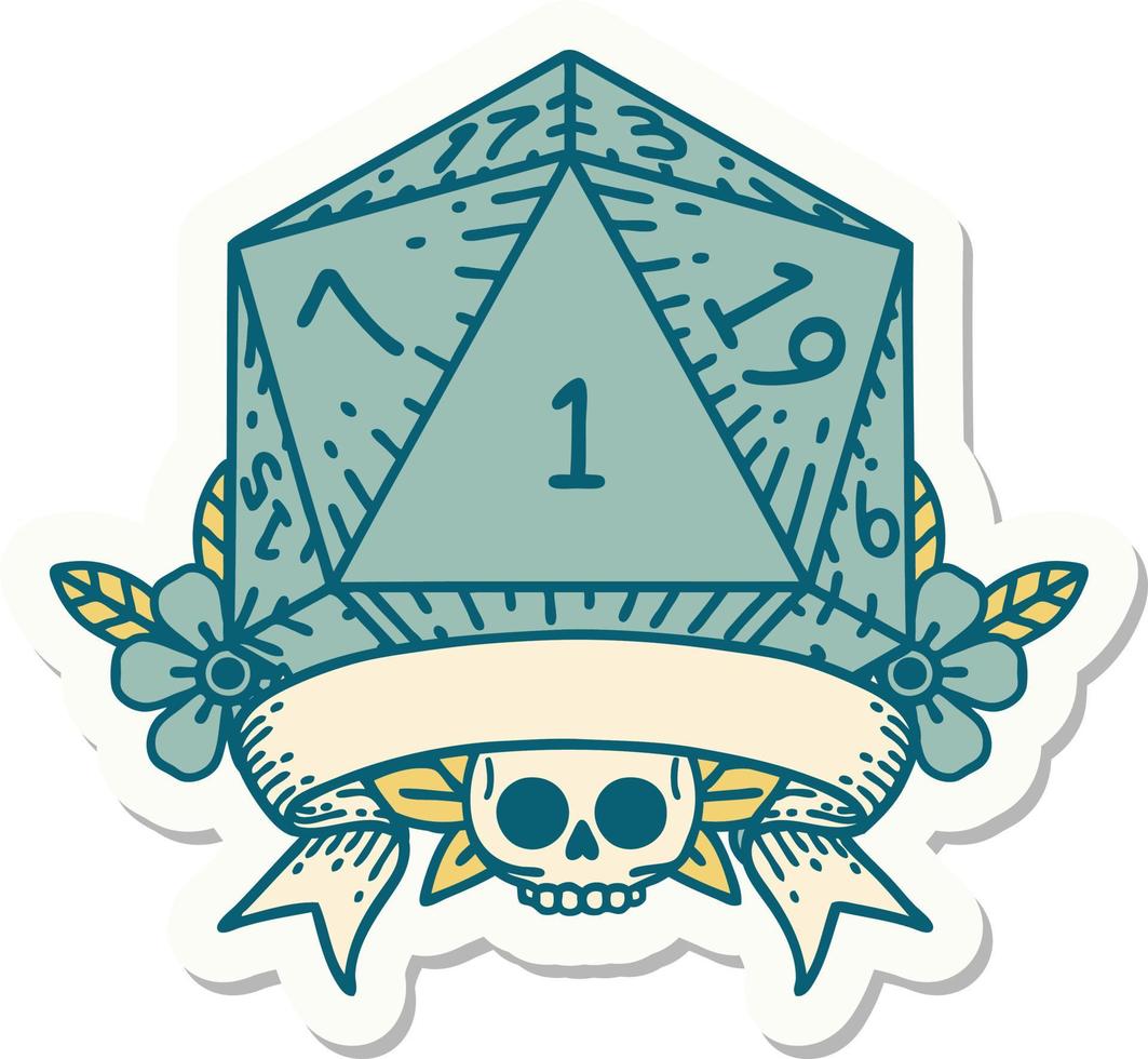natural one d20 dice roll sticker vector