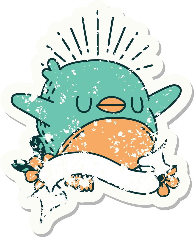 grunge sticker of tattoo style flapping robin vector
