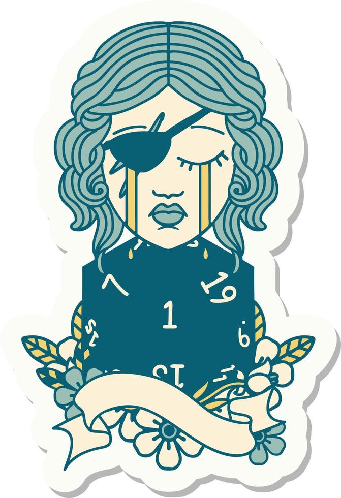 crying human rogue with natural one D20 roll sticker vector