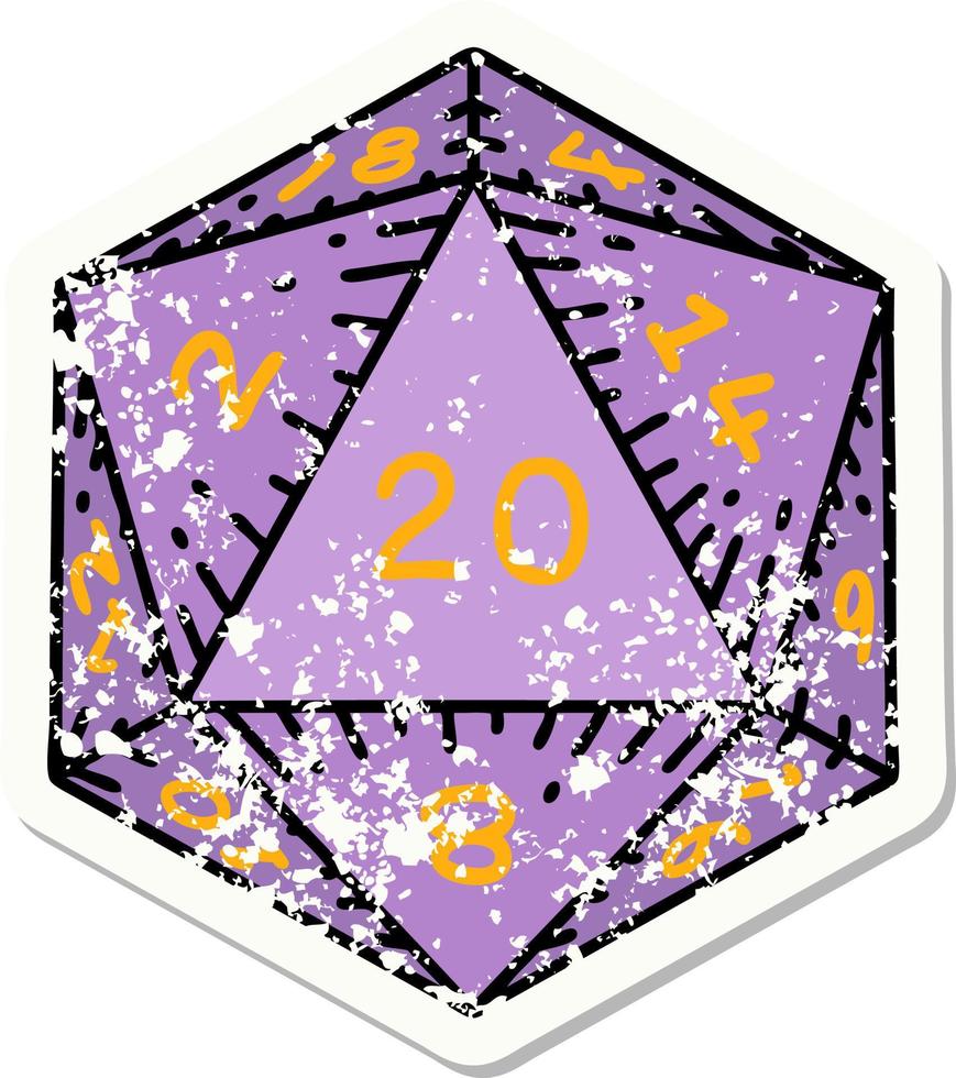 natural 20 D20 dice roll grunge sticker vector