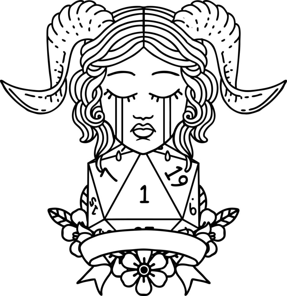 crying tiefling face with natural 1 D20 Dice illustration vector