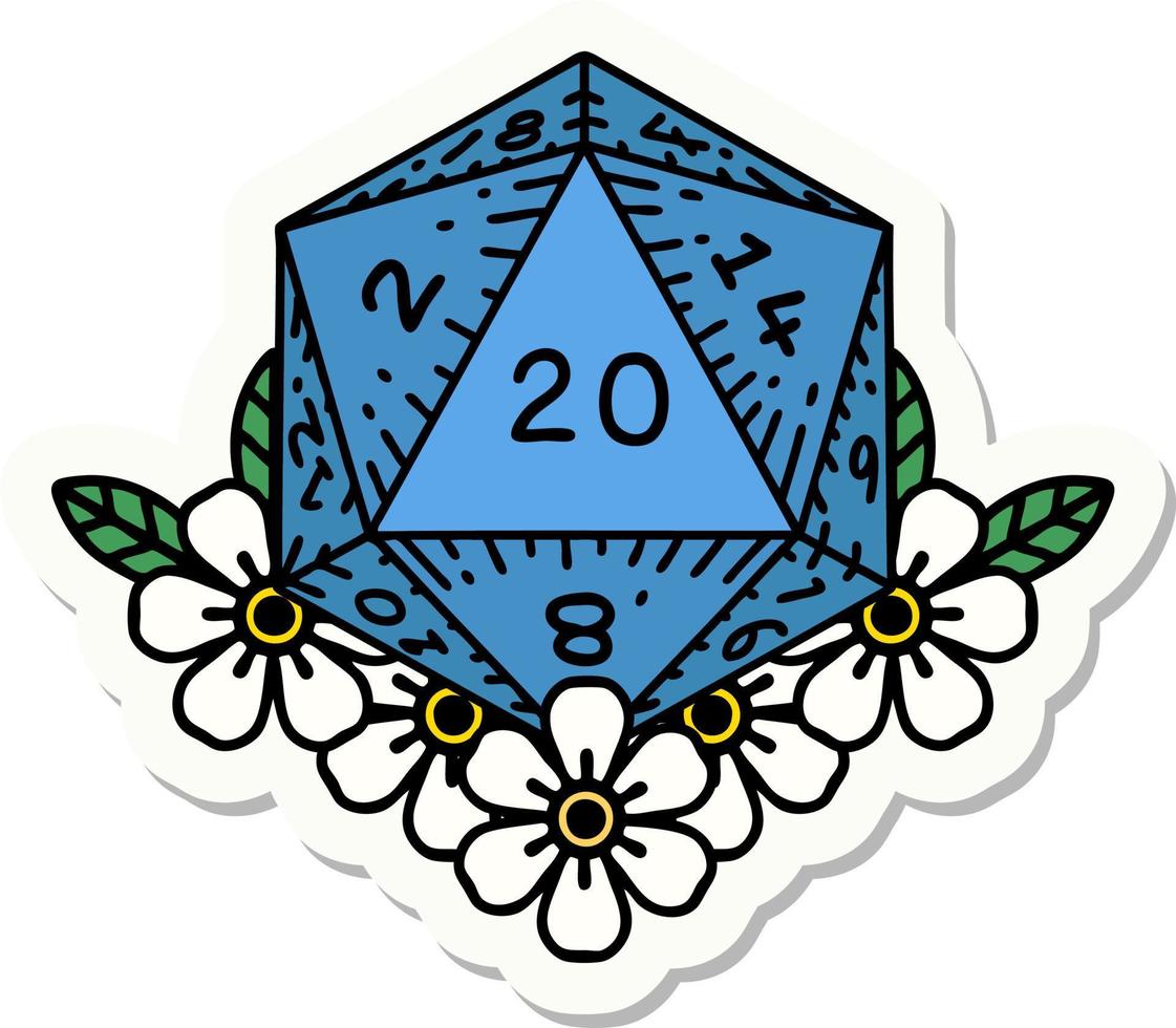 natural 20 D20 dice roll with floral elements sticker vector