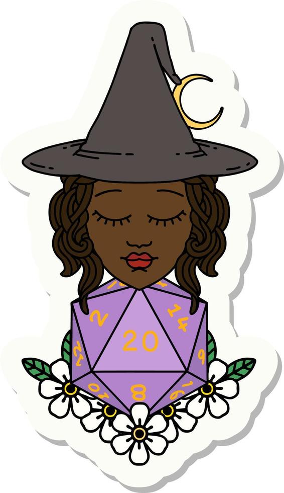 sticker of a human witch with natural twenty dice roll vector