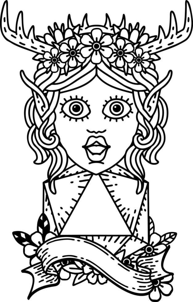Black and White Tattoo linework Style elf druid character with natural twenty dice roll vector