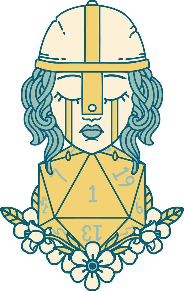 Retro Tattoo Style crying human fighter with natural one D20 roll vector