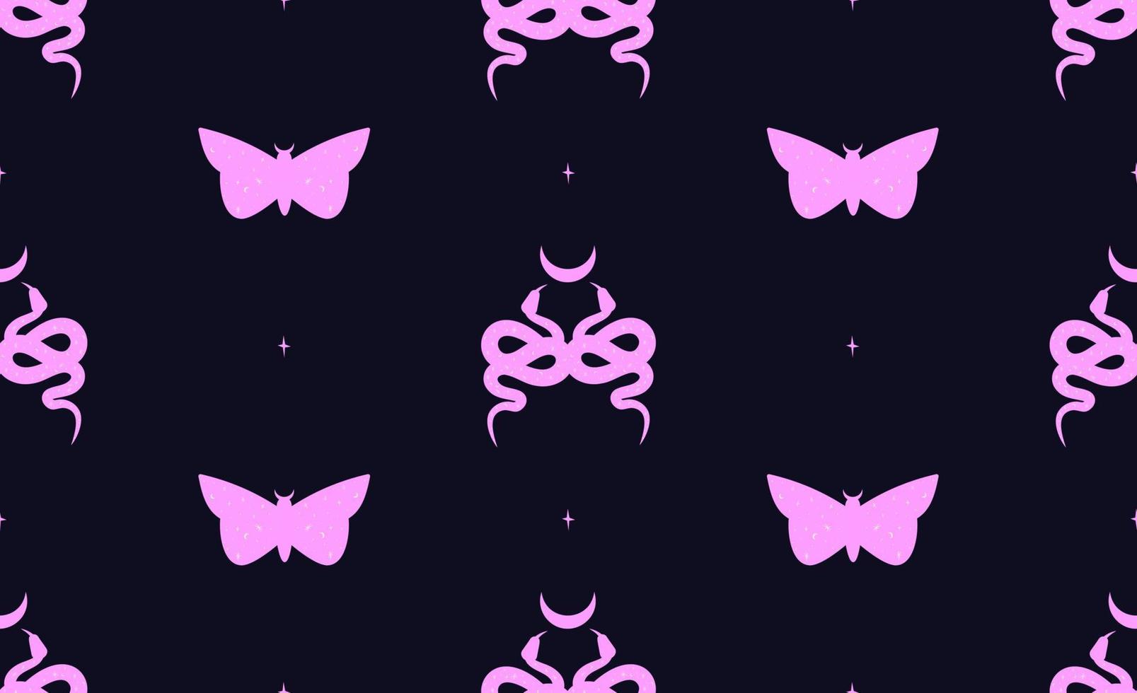 Witch and Magic Collection with moth and snake. Halloween mystical animals vector seamless pattern. Celestial snake, butterfly, moon Esoteric, boho mystical hand drawn elements.