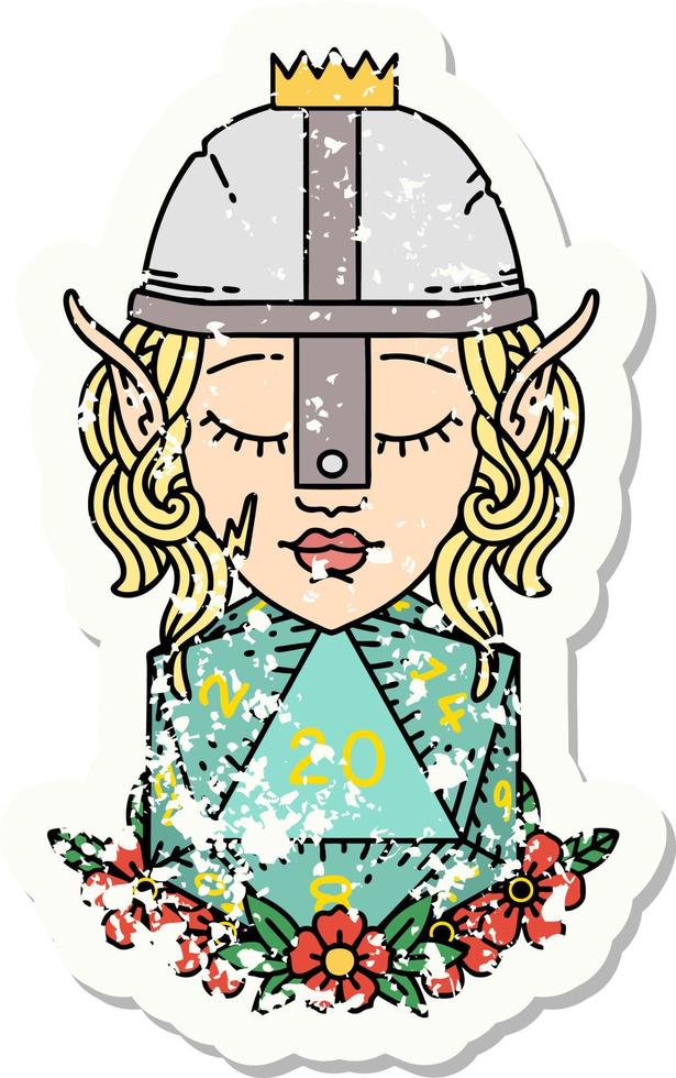 elf fighter with natural twenty dice roll grunge sticker vector