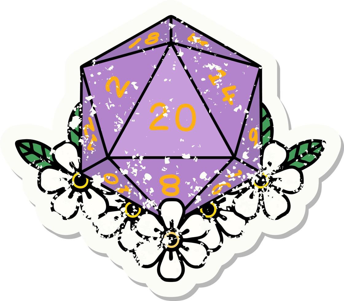 natural 20 D20 dice roll with floral elements grunge sticker vector