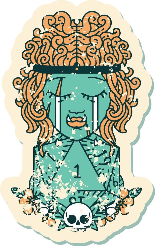 Retro Tattoo Style sad orc barbarian character face with natural one d20 roll vector