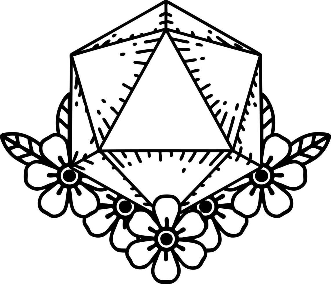 Black and White Tattoo linework Style natural 20 D20 dice roll with floral elements vector