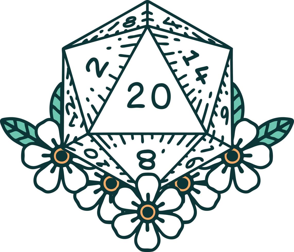 natural 20 D20 dice roll with floral elements illustration vector