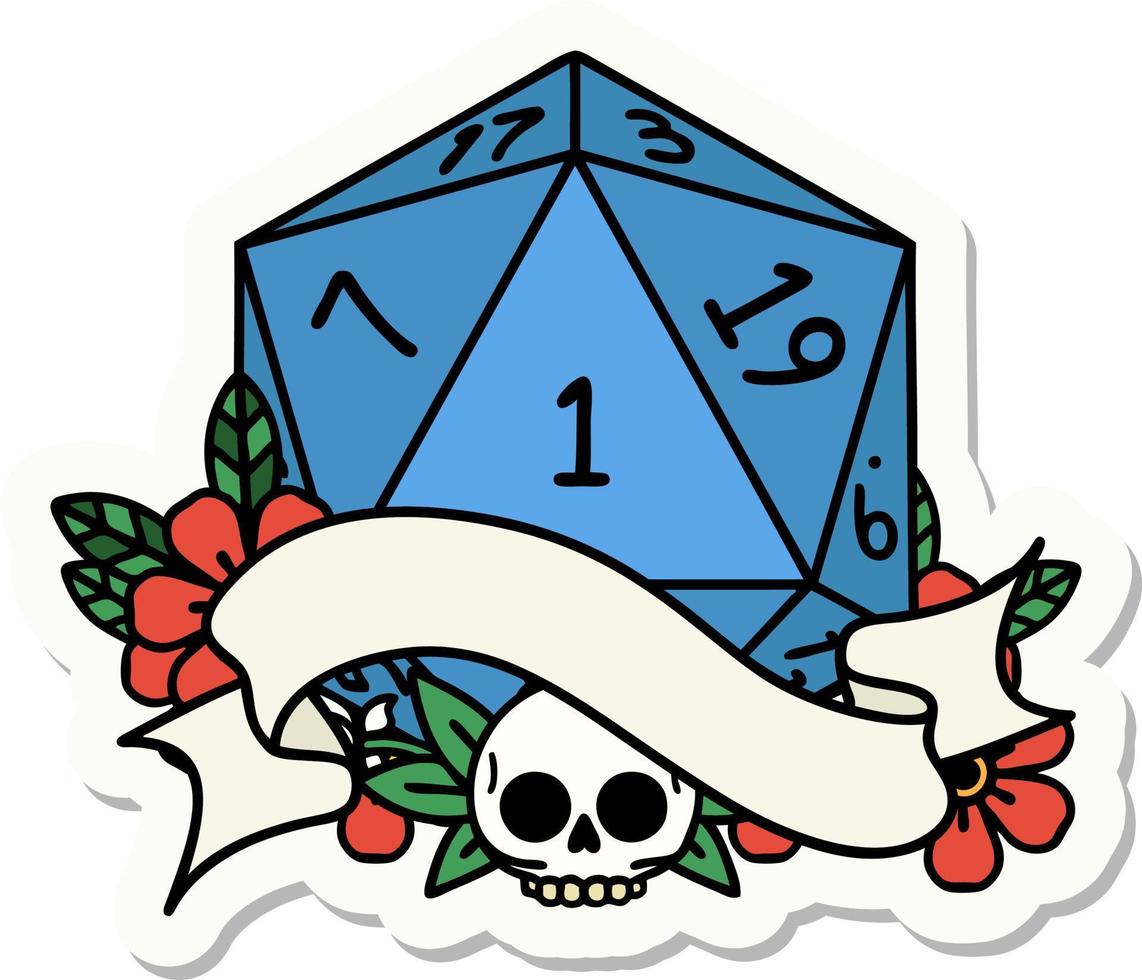 natural one d20 dice roll sticker vector