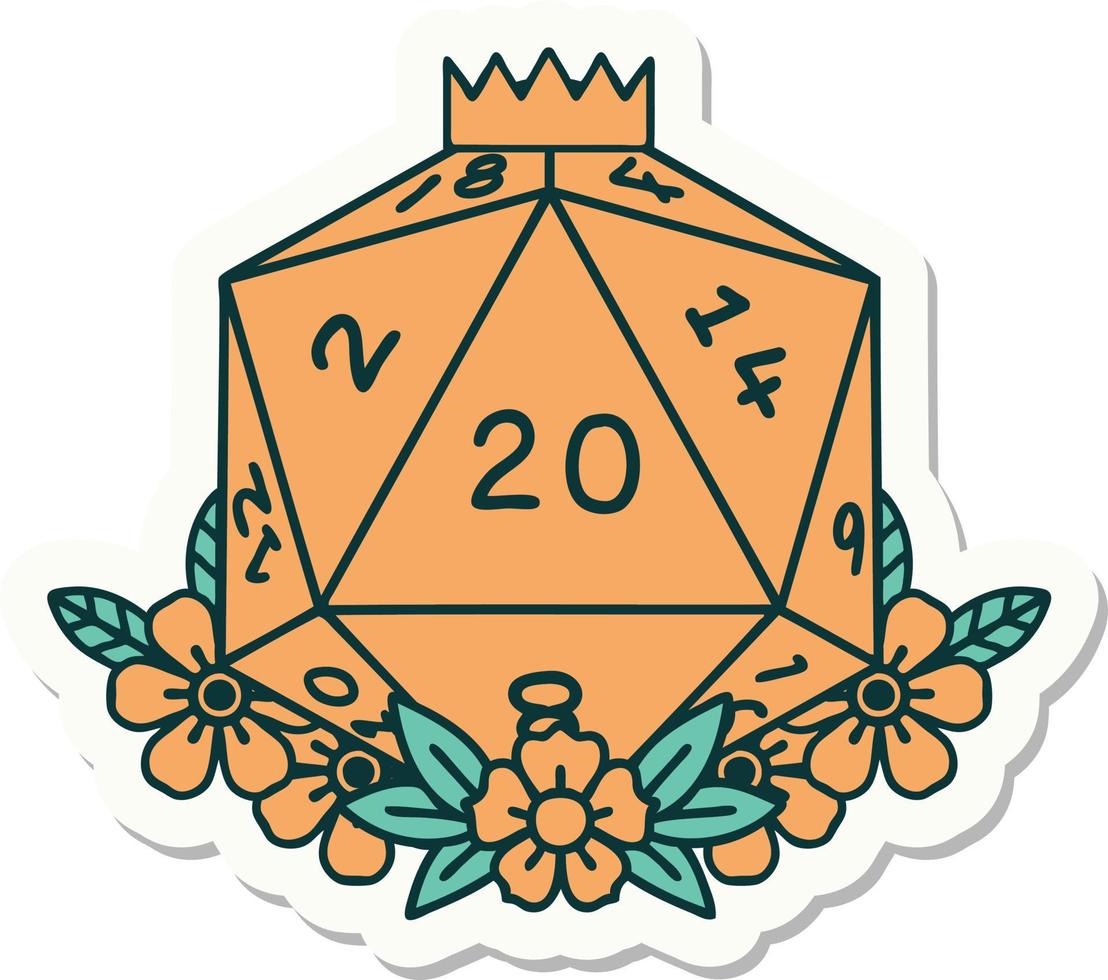 natural 20 D20 dice roll with floral elements sticker vector