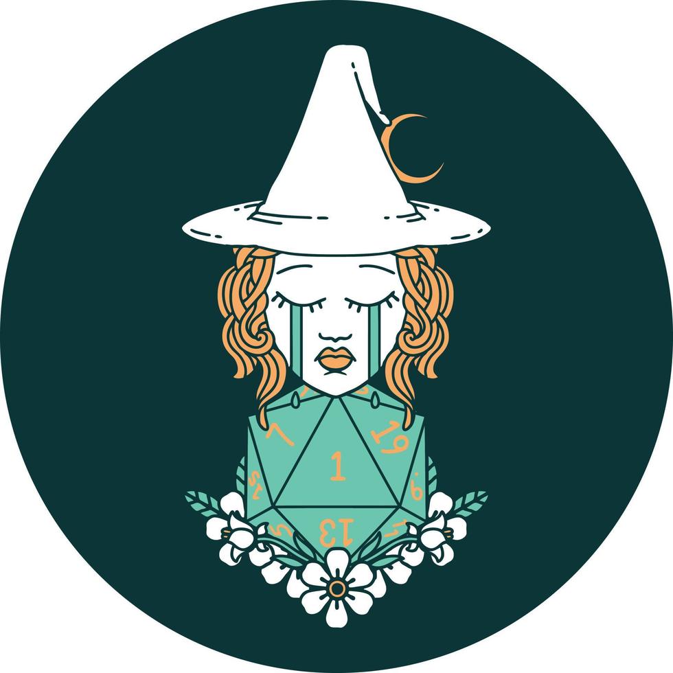 crying human witch with natural one D20 dice roll icon vector