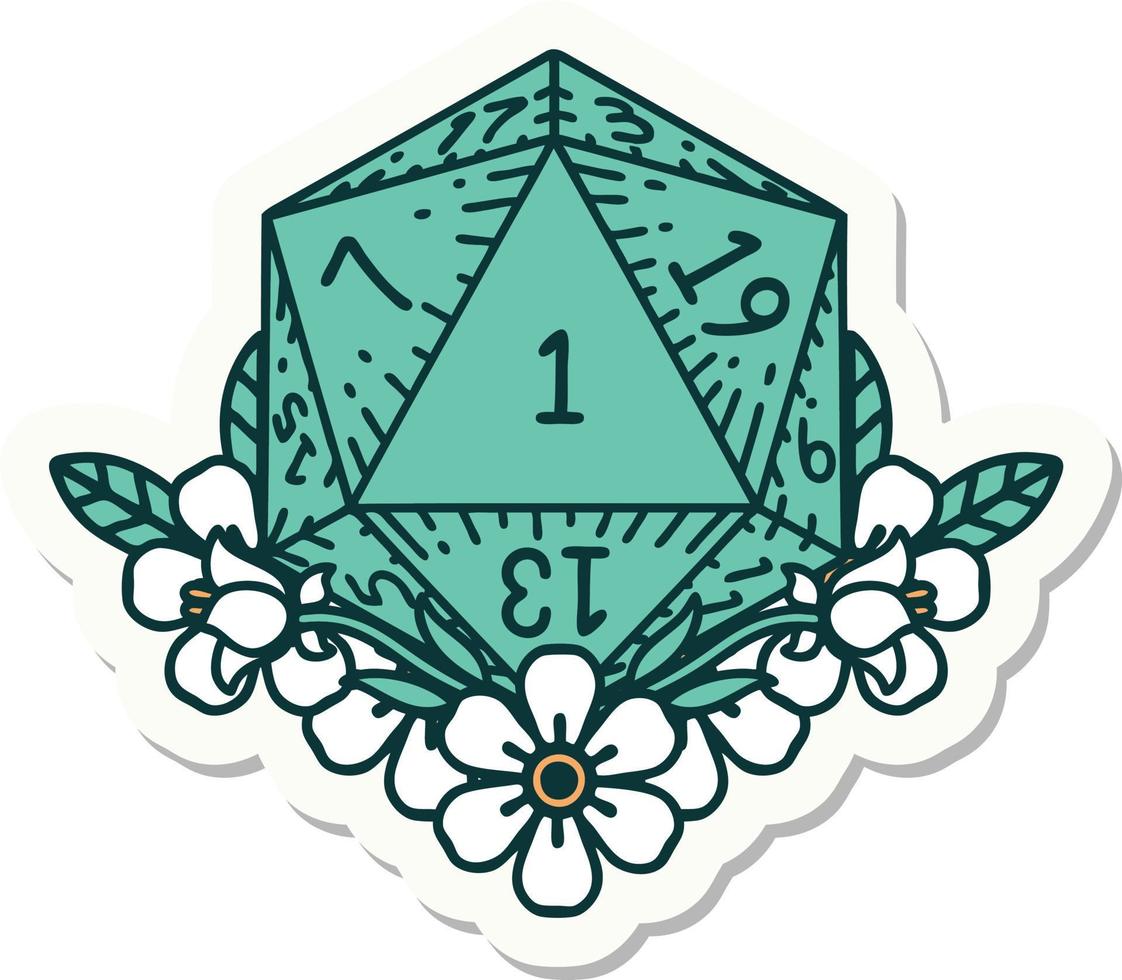 natural one dice roll with floral elements sticker vector