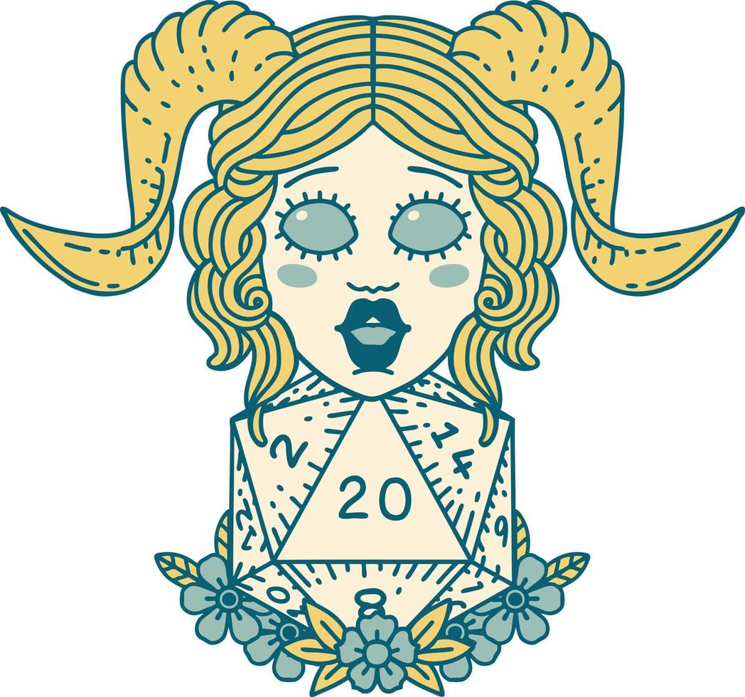 Retro Tattoo Style tiefling with natural twenty dice roll vector