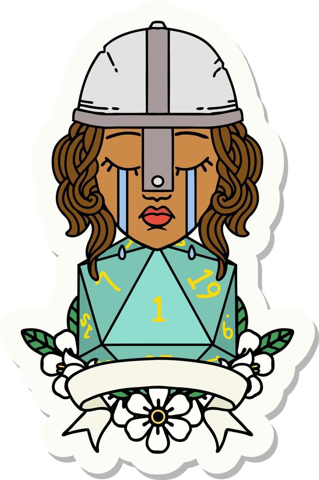 crying human fighter with natural one D20 dice sticker vector