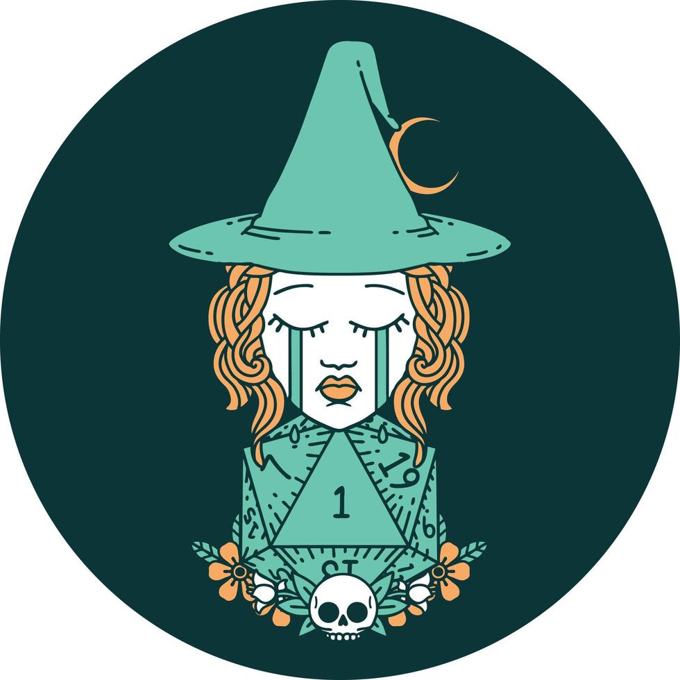 crying human witch with natural one D20 dice roll icon vector