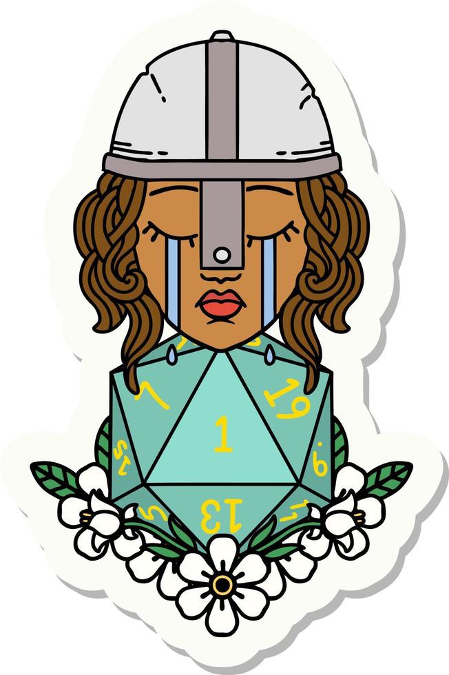 crying human fighter with natural one D20 roll sticker vector