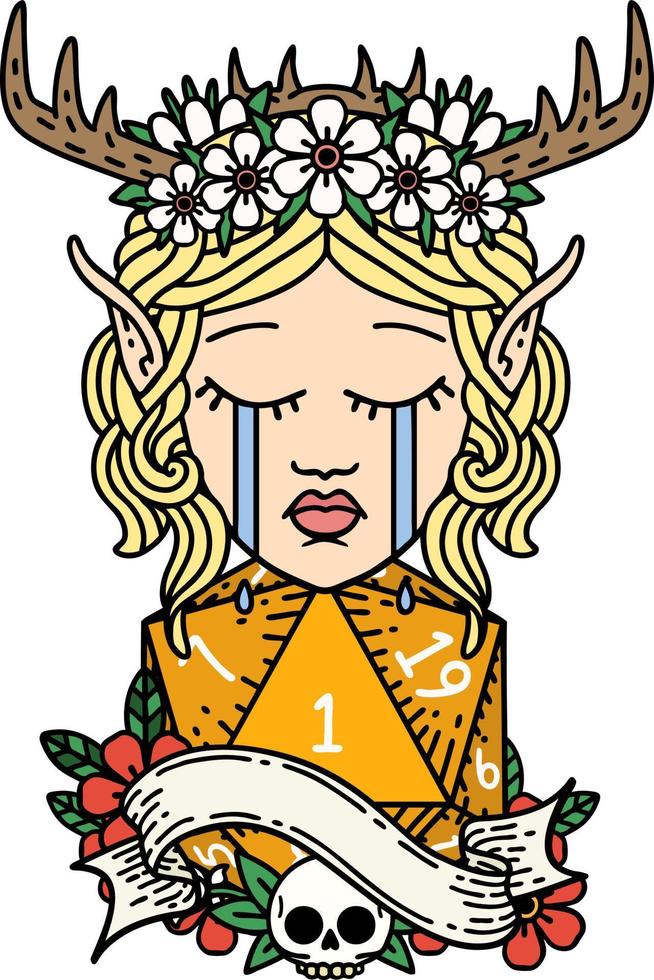 Retro Tattoo Style crying elf druid character face with natural one D20 dice roll vector
