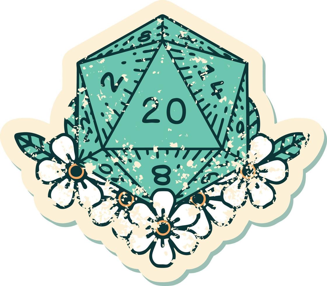 Retro Tattoo Style natural 20 D20 dice roll with floral elements vector