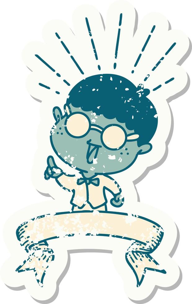 worn old sticker of a tattoo style man with genius idea vector