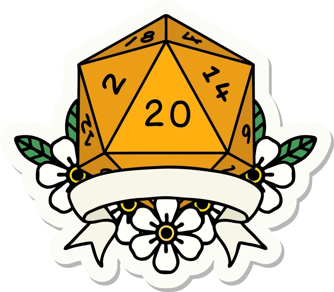 sticker of a natural 20 critical hit D20 dice roll vector