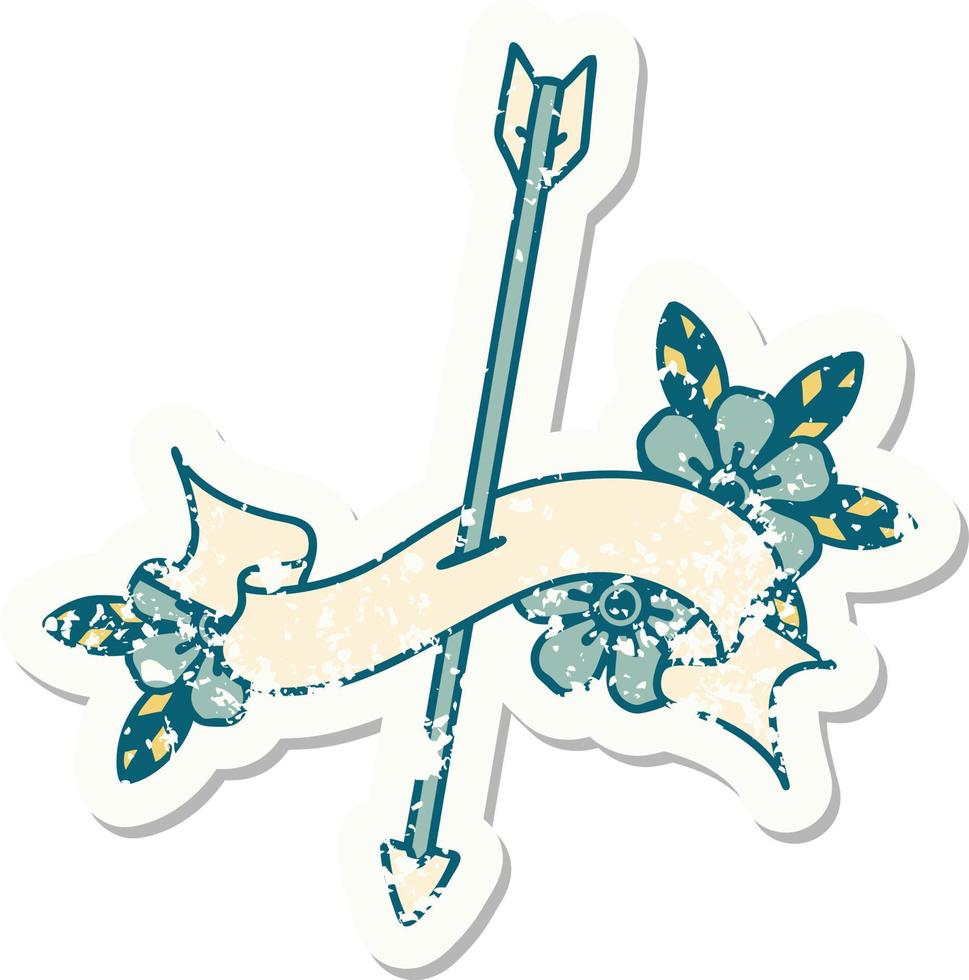 worn old sticker with banner of an arrow vector