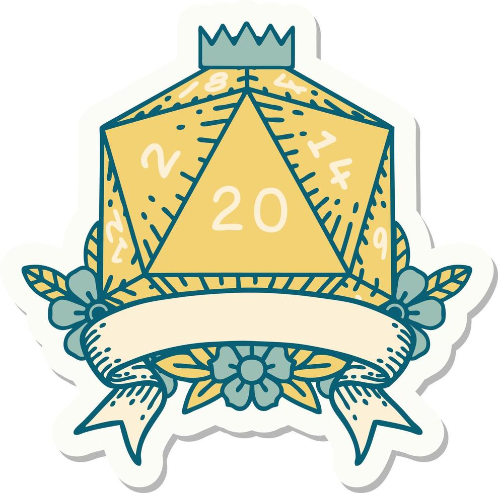 sticker of a natural 20 critical hit D20 dice roll vector
