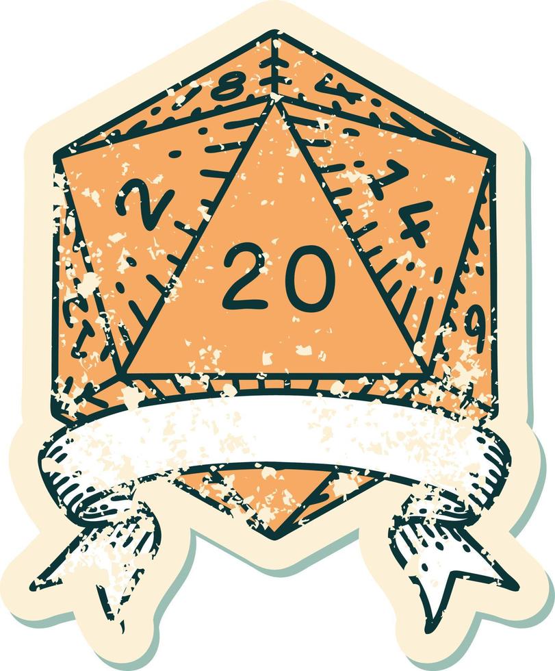 Retro Tattoo Style natural 20 critical hit D20 dice roll vector