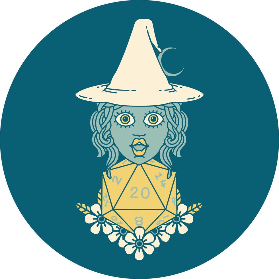 Retro Tattoo Style human witch with natural twenty dice roll vector