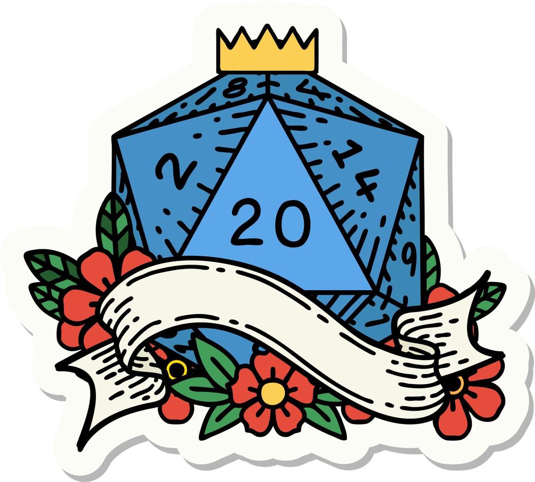 sticker of a natural twenty D20 dice roll vector
