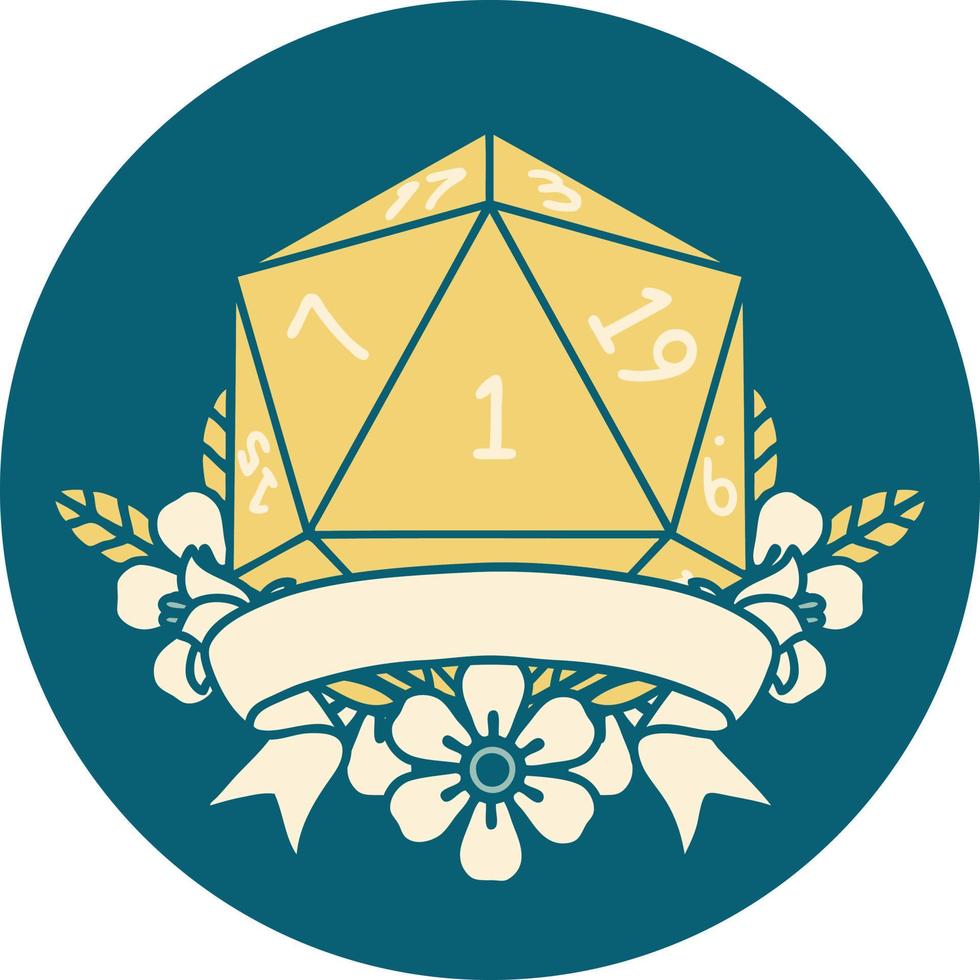 Retro Tattoo Style natural one d20 dice roll vector