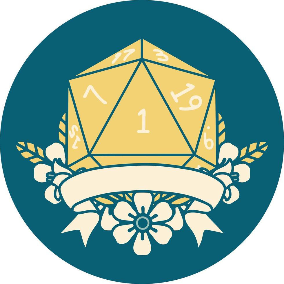 estilo de tatuaje retro natural uno d20 tirada de dados vector