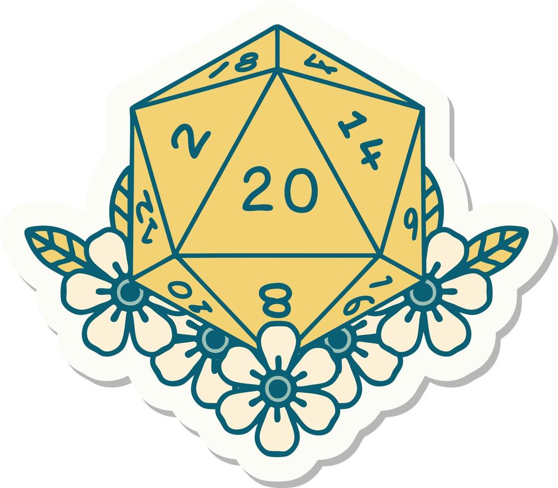 sticker of a natural 20 D20 dice roll with floral elements vector