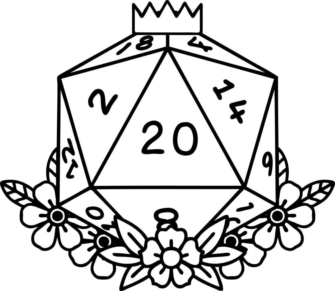 Black and White Tattoo linework Style natural 20 D20 dice roll with floral elements vector