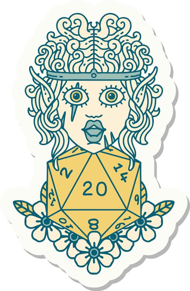 sticker of a elf barbarian character with natural twenty dice roll vector