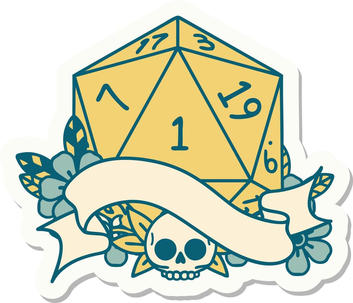 sticker of a natural one d20 dice roll vector