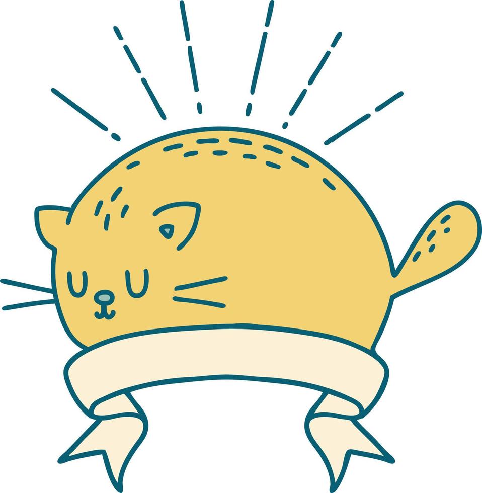 scroll banner with tattoo style happy cat vector