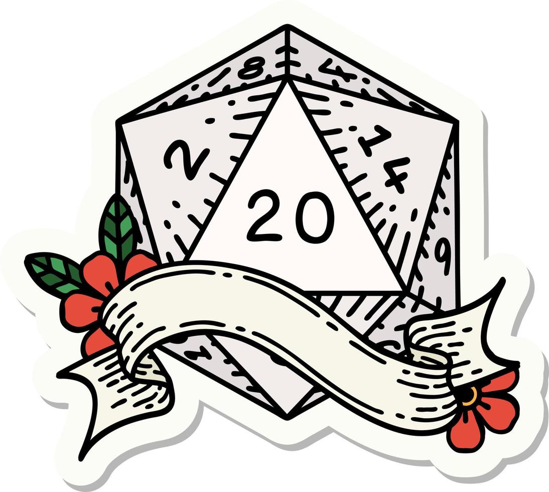 sticker of a natural twenty D20 dice roll vector