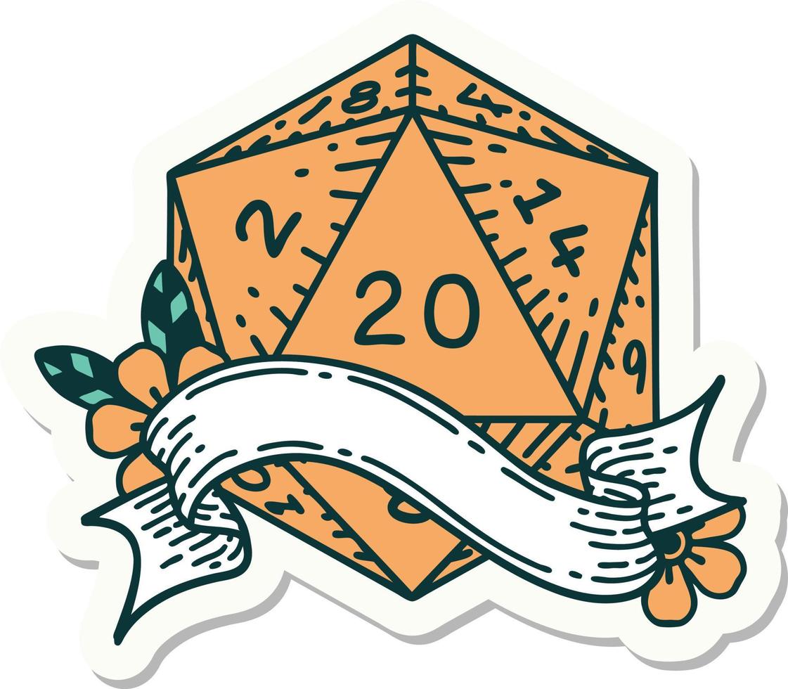 sticker of a natural twenty D20 dice roll vector