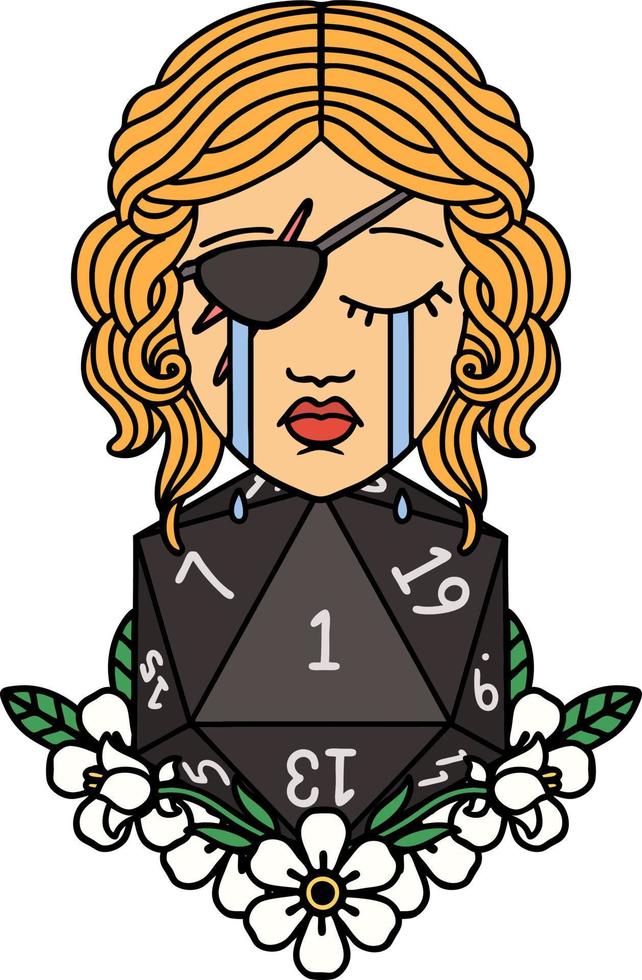 Retro Tattoo Style crying human rogue with natural one d20 roll vector