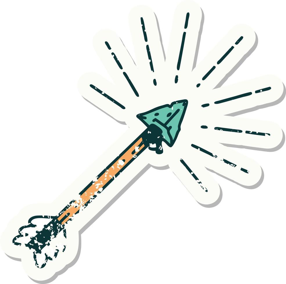 worn old sticker of a tattoo style old flint tip arrow vector
