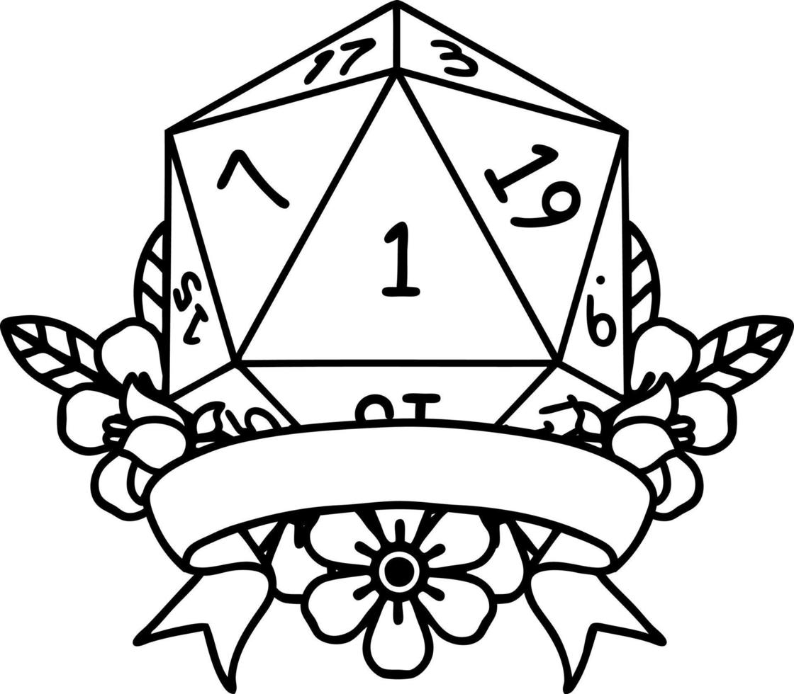 Black and White Tattoo linework Style natural one d20 dice roll vector