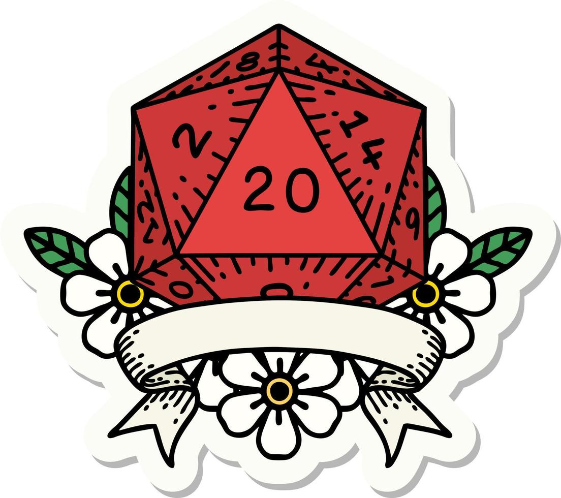 sticker of a natural 20 critical hit D20 dice roll vector